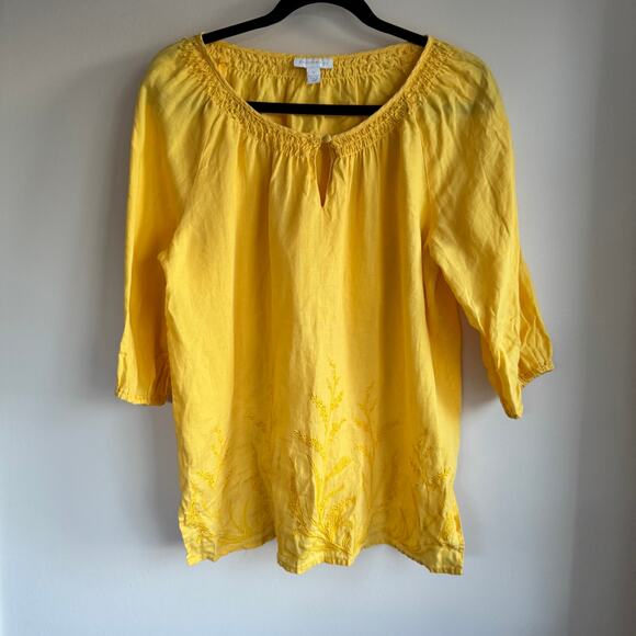 Charter Club Linen Embroidered Blouse Yellow Peasant Shirred 3/4 Sleeve Sz 12 - Picture 1 of 4